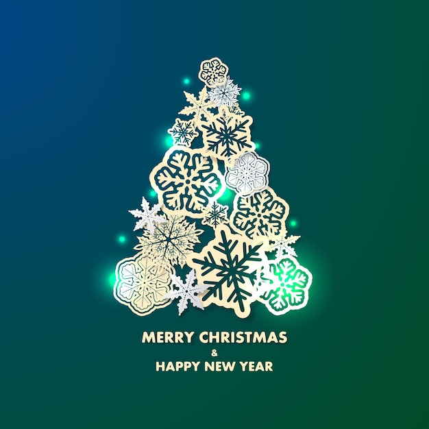Neujahrskarte mit Weihnachtsbaum aus Gold und weißen 3D-Schneeflocken