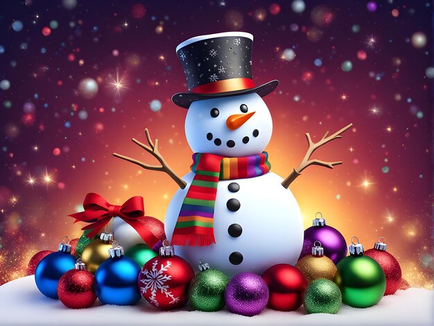 Foto neujahrskarte schneemann auf weihnachtsgrund mit weihnachtskugeln schneeflocken weihnachtsgrund.