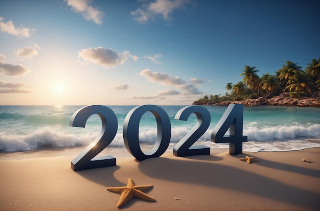 Neujahrskonzept 2024 mit Strandsand und 2024 in blauen Buchstaben