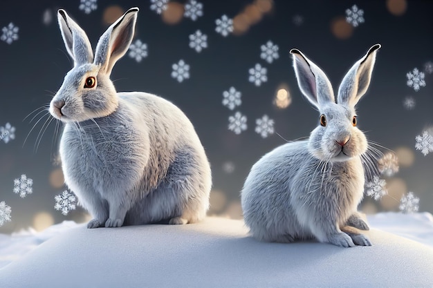 Neujahrsmärchen sitzt ein Hase im Schnee 3D-Render-Raster-Darstellung