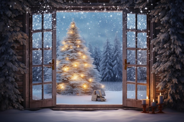 Neujahrsmorgen ein offenes Fenster mit einem Weihnachtsbaum Schnee