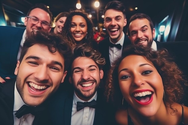 Neujahrsparty in einem Nachtclub mit einer Gruppe tanzender Freunde