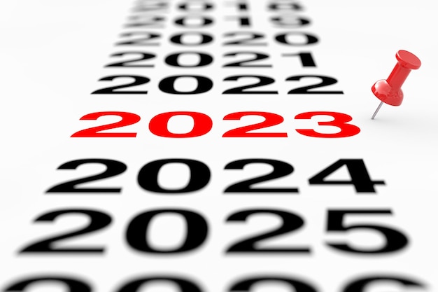 Neujahrsschild 2023 mit roter Pin-Markierung 3D-Rendering