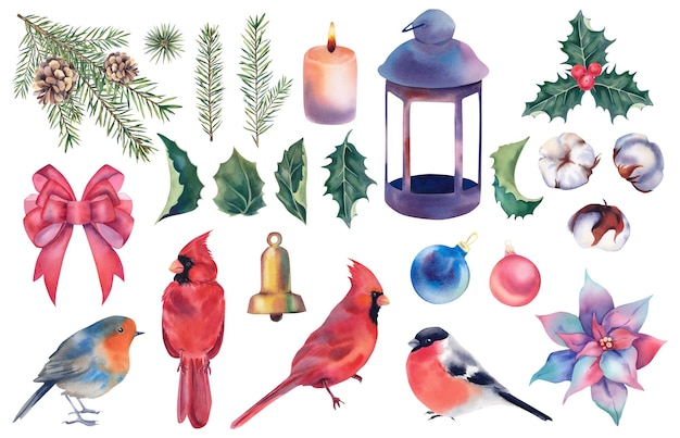Neujahrsset aus Gimpel, Kardinalvogel, Rotkehlchen, Mistelzweigen, Tannenzweigen und Zapfen, Bogenlaterne und Kerze, Weihnachtsstern aus Baumwolle, Weihnachtskugeln und Glocke, Weihnachtsfeiertag. Aquarell-Illustration
