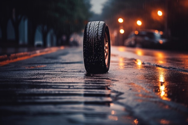 Foto neumático de automóvil en carretera mojada ia generativa