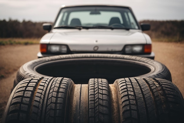 Foto neumático de coche aislado en fondo blanco vista frontal