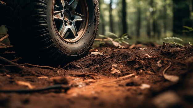 neumático de coche en el bosque