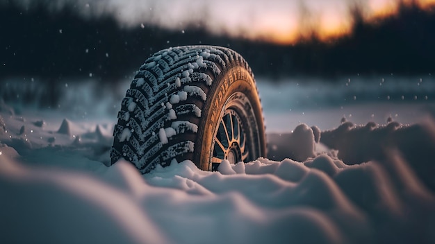 Neumático de coche en carretera cubierta de nieve