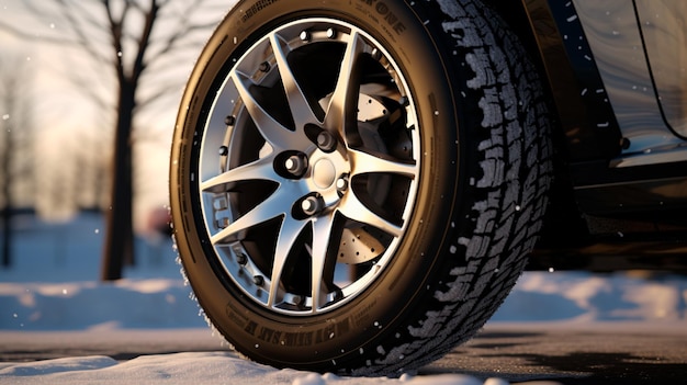 neumático de coche cubierto de nieve en un acercamiento de carretera de invierno