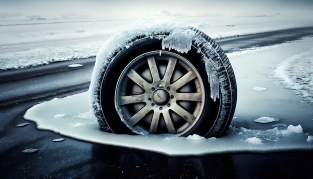 Un neumático de coche cubierto de nieve en la carretera