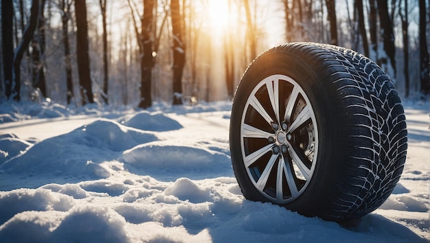 neumático de coche de invierno con detalle de los neumáticos de coche en la temporada de nieve de invierno en la carretera cubierta de nieve y mo