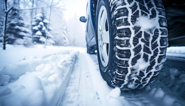 neumático de invierno cubierto de nieve carretera nevada