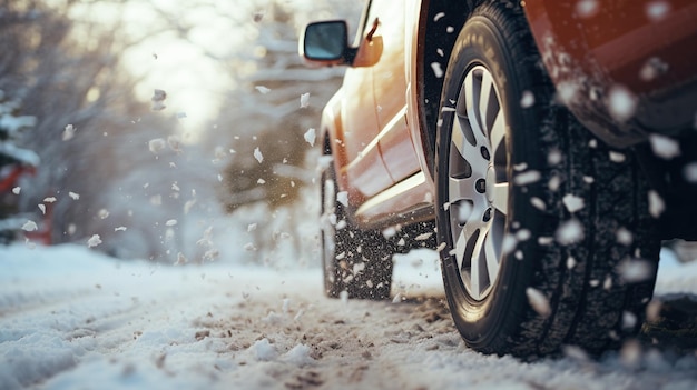 Foto neumático de invierno detalle de neumáticos de coche en invierno en la carretera cubierta de nieve