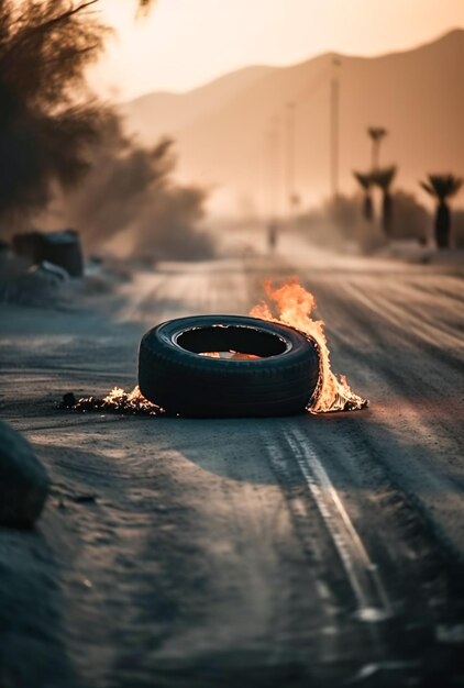 el neumático en llamas en la carretera se reúne protestas