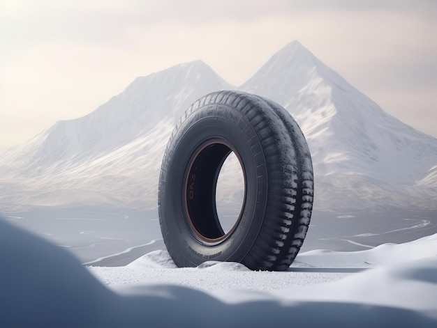 neumático en medio de la pista de nieve fuera de la carretera paisaje invernal en los anuncios de neumáticos de fondo