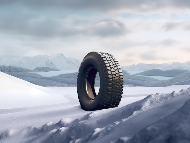 Un neumático en la nieve está en el medio de la imagen.