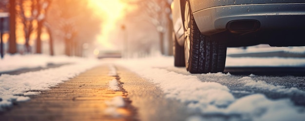 Neumáticos de coche nevados de invierno en la temporada de invierno nevando en el panorama de la bandera del camino mojado Generative Ai