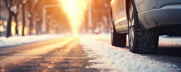 Neumáticos de coche nevados de invierno en la temporada de invierno nevando en el panorama de la bandera del camino mojado Generative Ai