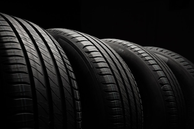 Neumáticos de coche nuevos Grupo de ruedas de carretera sobre fondo oscuro Neumáticos de verano con diseño asimétrico de la banda de rodadura Concepto de coche de conducción