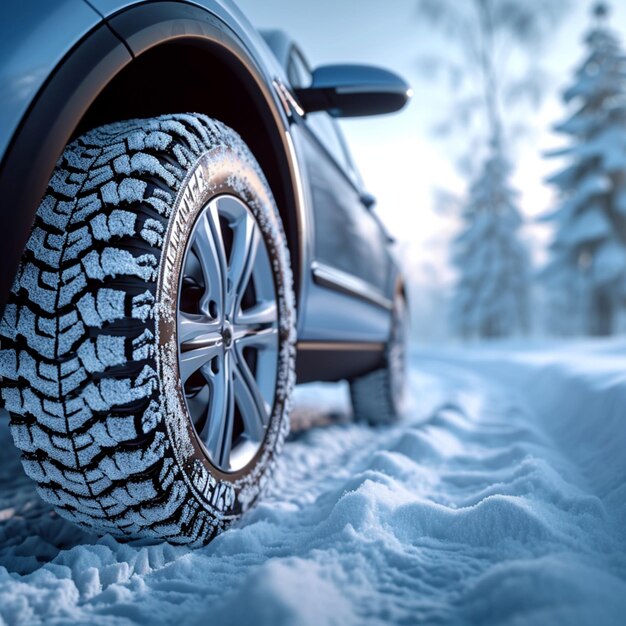 Neumáticos de coche de viaje por carretera cubiertos de nieve en invierno para el tamaño de la publicación en las redes sociales