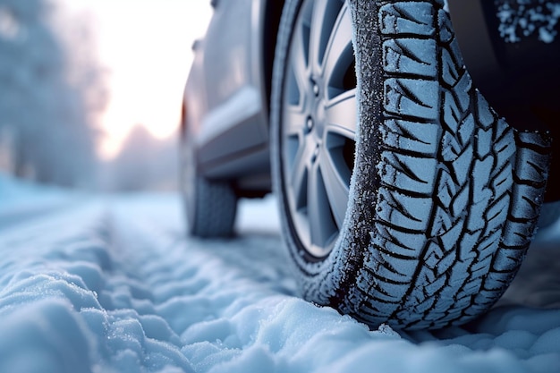 Neumáticos de coche de viaje por carretera cubiertos de nieve en invierno