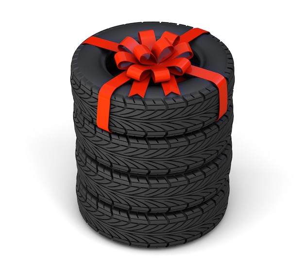 Neumáticos como regalo. Juego de cuatro neumáticos, uno atado con una cinta de regalo roja con un lazo. aislado sobre fondo blanco. Render 3D.