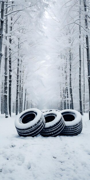 neumáticos de invierno en el bosque nevado con espacio vacío