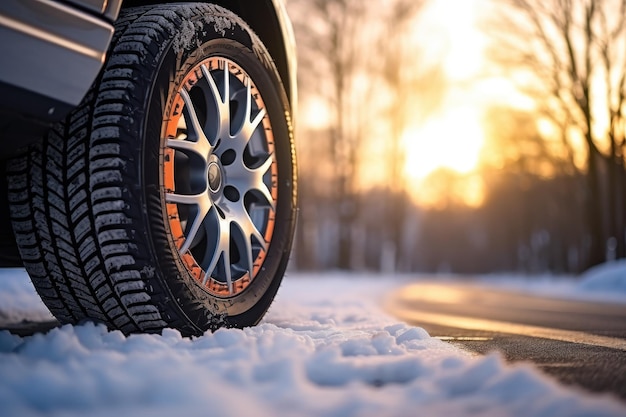 Neumáticos de invierno con nieve para automóviles en la temporada de invierno que nieva en carreteras mojadas Generative Ai