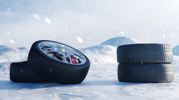 Neumáticos de invierno sobre fondo de tormenta de nieve, nevadas y resbaladizas carreteras de invierno. Concepto de invierno seguridad vial