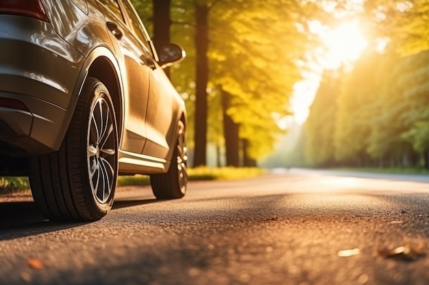 Neumáticos de verano en la carretera de asfalto al sol hora para los neumáticos de verano IA generativa