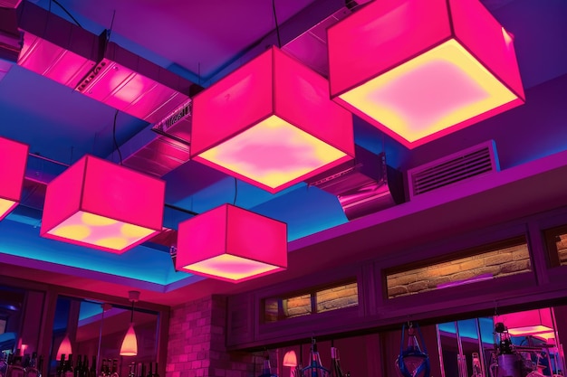 Neun quadratische Lampenschirme mit vier leuchtend pinkfarbenen Neonlampen an der Decke