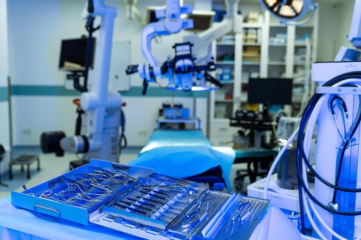 Foto neurochirurgische instrumente bereit chirurgische geräte sind im operationssaal für einen neurochirurgenvorgang in einem krankenhaus organisiert und bereit