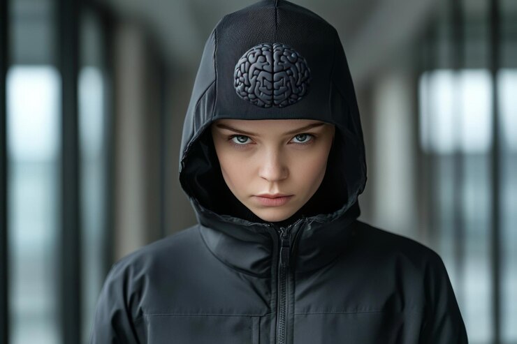 Foto neuroendocrinología activación del sistema de recompensa mujer con una sudadera con un diseño cerebral que simboliza
