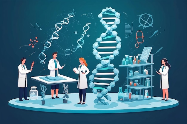 Neurologie Genetik Konzept Flachstil kleine Menschen Ärzte medizinisches Team arbeitet DNA konstruieren Forschung Deoxyribonukleinsäure Gehirn Kreativer Verstand