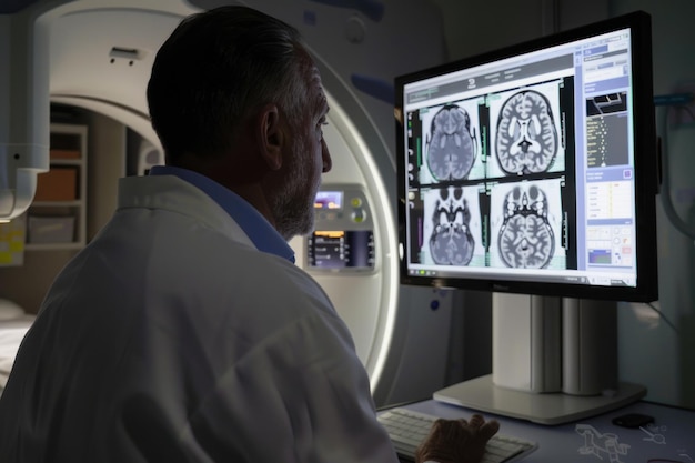 Foto el neurólogo analizando la resonancia magnética del cerebro