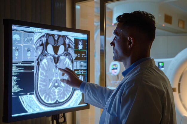 Foto el neurólogo analizando la resonancia magnética del cerebro