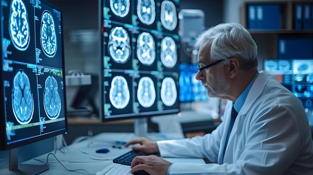 Foto neurólogo examinando escáneres cerebrales en un monitor de computadora en un centro médico concepto imagenología médica neurología escáneres cerebrals tecnología de diagnóstico avances en el cuidado de la salud