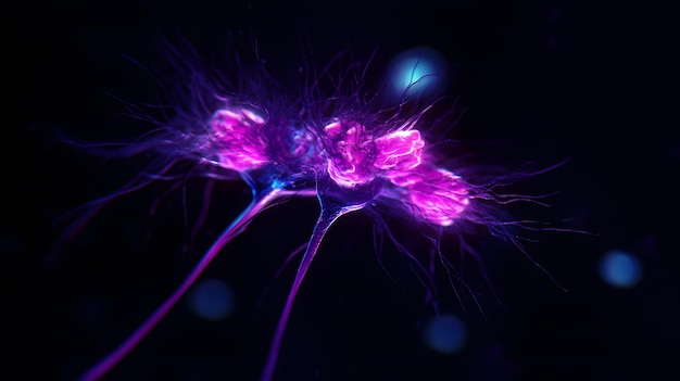 Neurona con colores rosados púrpuras brillantes células cerebrales humanas ciencia médica