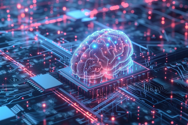 Neuronale Schaltkreise und elektronisches Cyber-Gehirn in einem Quantencomputing-System künstliche Intelligenz Technologie Biotechnologie und maschinelles Lernen Konzept