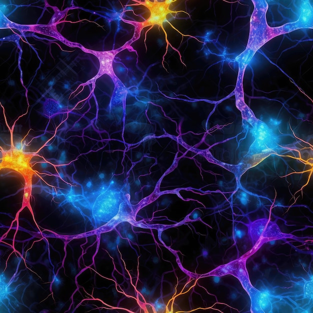 Neuronas amarillas azules púrpuras en azulejo de fondo transparente negro IA generativa