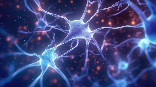 Neuronas células cerebrales médicas sobre fondo oscuro con conexiones