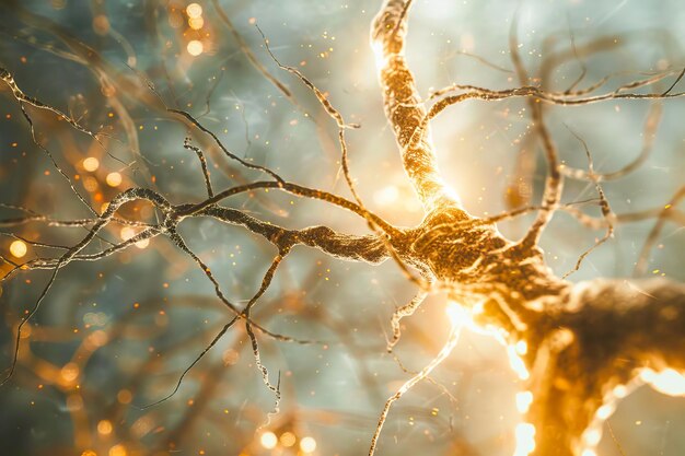 Neuronas interconectadas con sinapsis brillantes en una vista de cerca