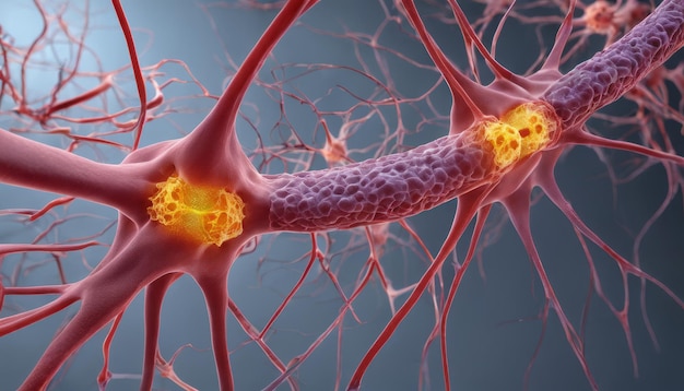 Neuronas con una sinapsis brillante que ilustra la comunicación neuronal
