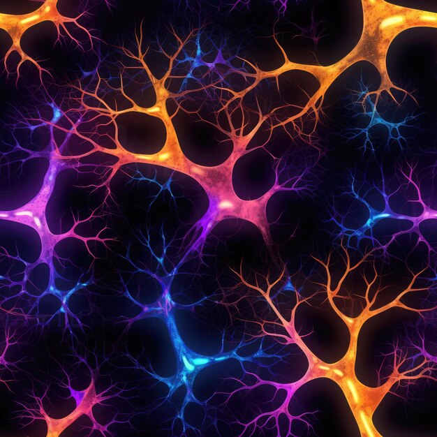 Neurônios de fogo roxos, amarelos e azuis em azulejo de fundo preto, plano de fundo transparente, IA generativa