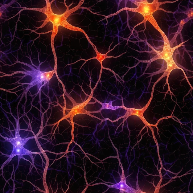 Neurônios laranja azuis roxos sobre fundo preto sem costura IA generativa