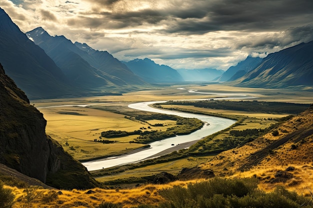 Foto neuseeländische landschaft mit windigem fluss im tal generative ki kunst schöne sicht