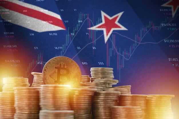 Neuseeland-Flagge und große Menge an goldenen Bitcoin-Münzen und Handelsplattform-Diagramm Kryptowährung