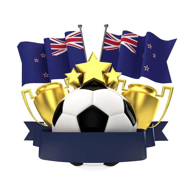 Neuseeland-Flaggen-Fußballsieger-Emblem mit Trophy-Stars-Ball und Band 3D-Rendering