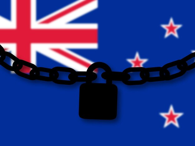 Neuseeland-Sicherheit Silhouette einer Kette und eines Vorhängeschlosses über der Nationalflagge