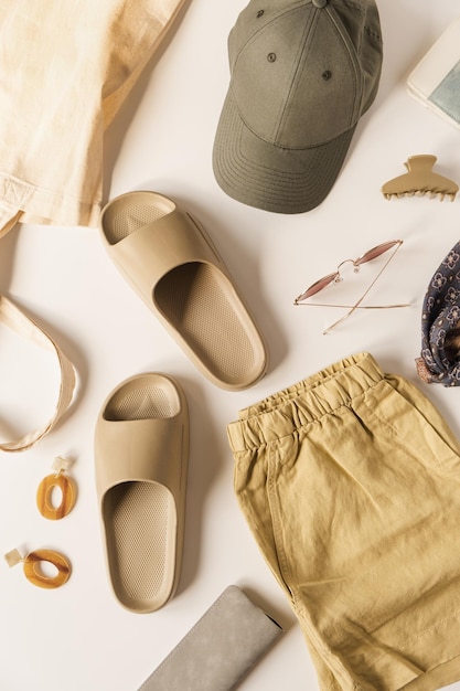 Neutrale staubige beige Farbe Damenmode Kleidung und Accessoires für Sommerferien Strandchill auf weißem Hintergrund Ästhetisches weibliches Lifestyle-Konzept Flache Ansicht von oben